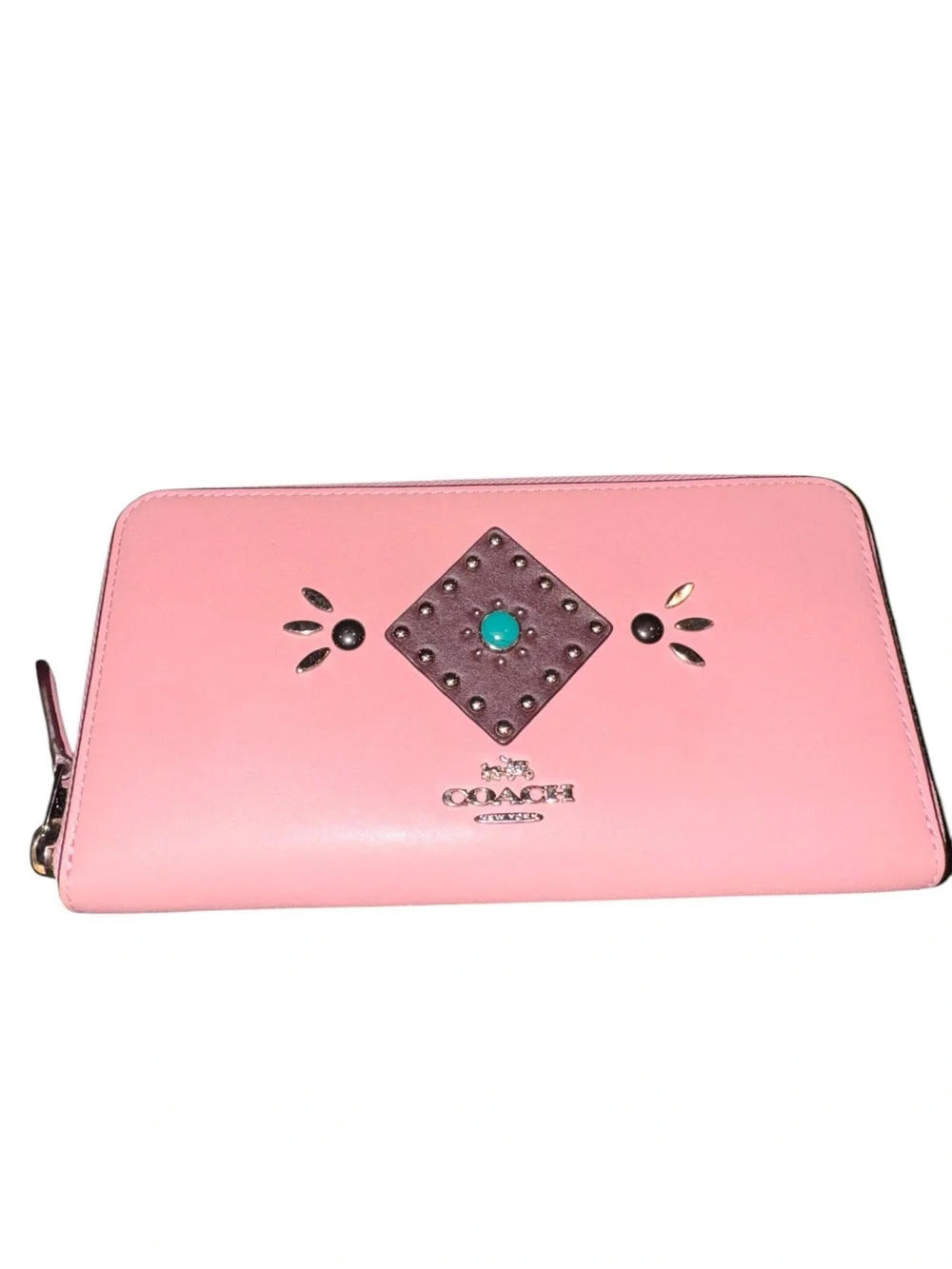 Coach Western Rivets Accordion Zip Wallet in pink